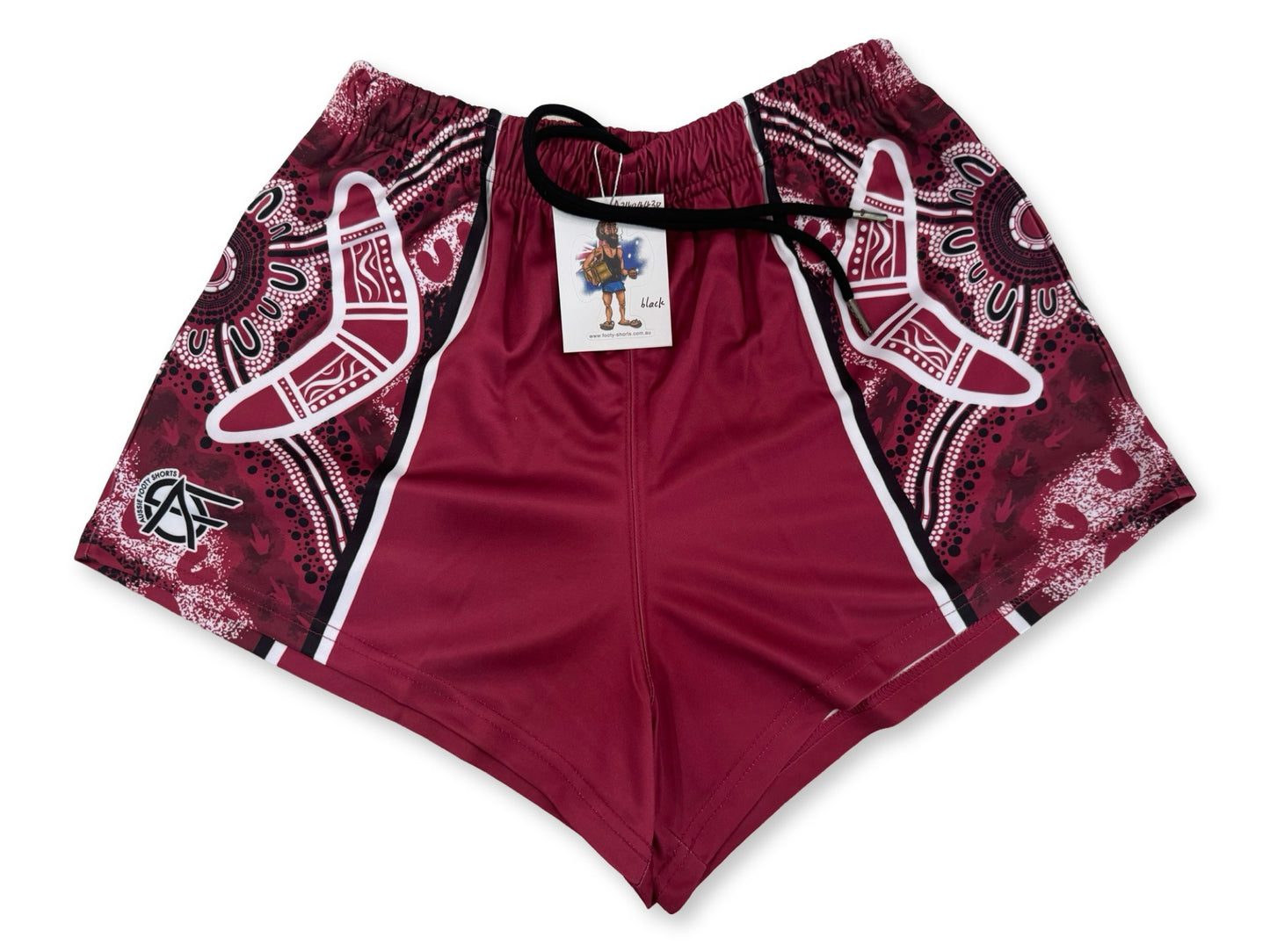 🔥NEW🔥 Maroon Boomerang Indigenous Dot Art- Footy Shorts  (With Pockets)