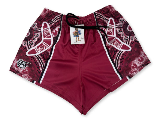 Maroon Boomerang Indigenous Dot Art- Footy Shorts  (With Pockets)