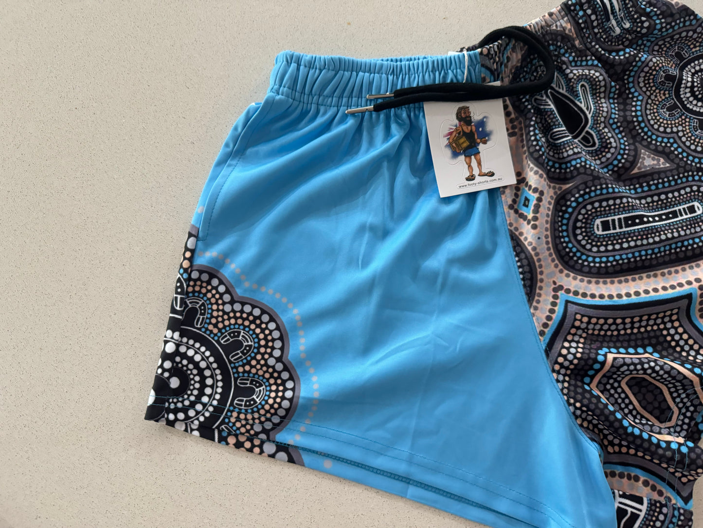 🔥NEW🔥 Indigenous Dot Art- Footy Shorts Light Blue (With Pockets)