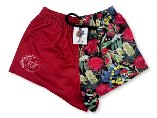 Red Native Flower Footy Shorts (With Pockets)