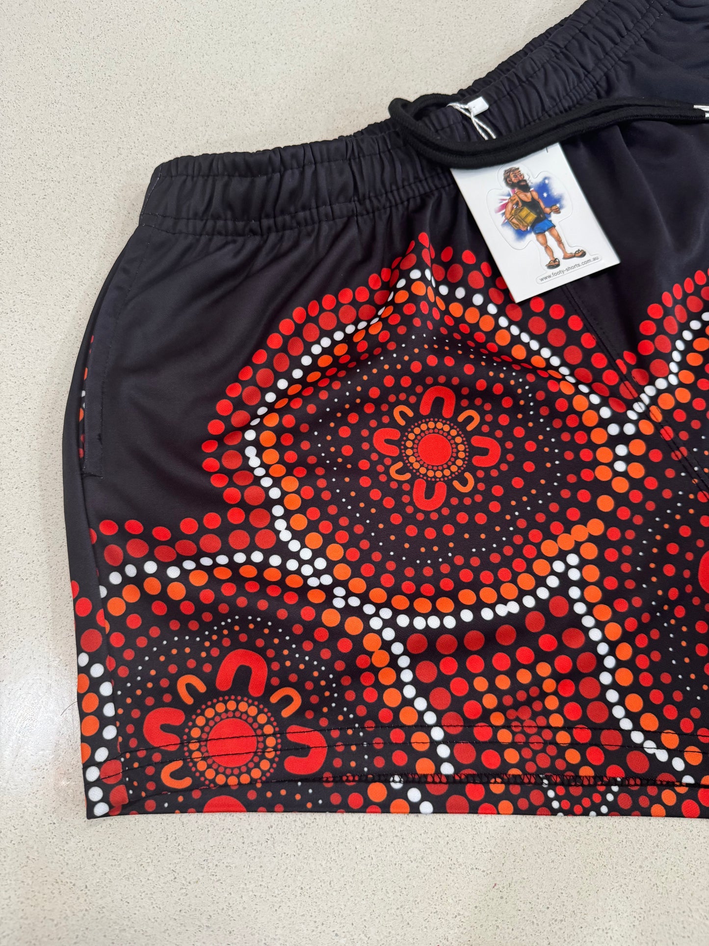 Indigenous Dot Art- Footy Shorts Black & Red (With Pockets)