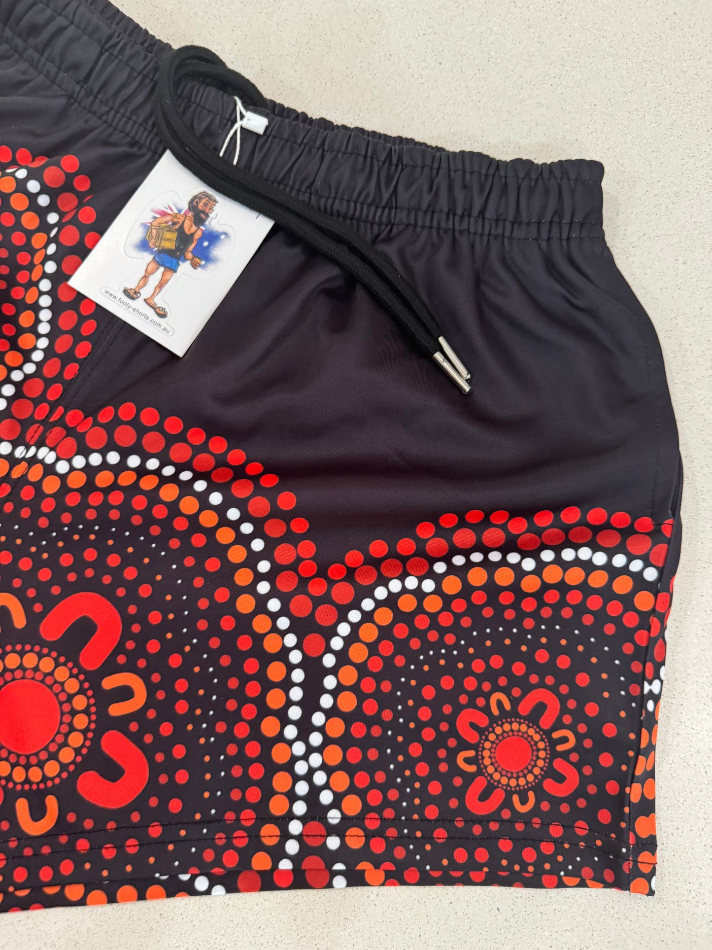 Indigenous Dot Art- Footy Shorts Black & Red (With Pockets)