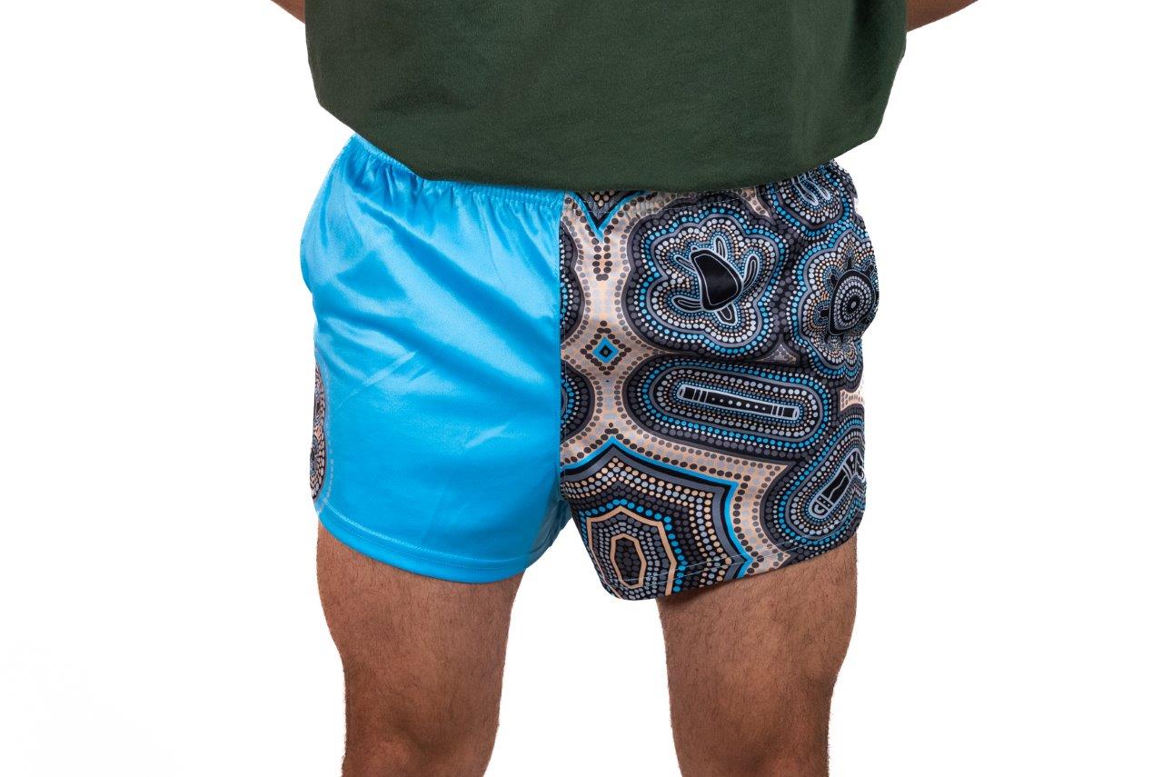 🔥NEW🔥 Indigenous Dot Art- Footy Shorts Light Blue (With Pockets)