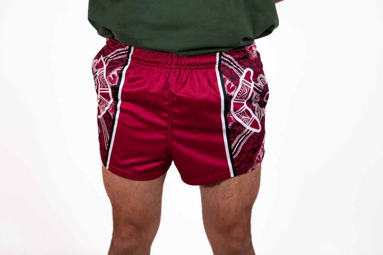 🔥NEW🔥 Maroon Boomerang Indigenous Dot Art- Footy Shorts  (With Pockets)