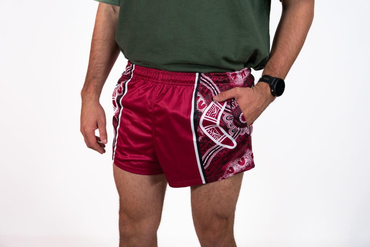 🔥NEW🔥 Maroon Boomerang Indigenous Dot Art- Footy Shorts  (With Pockets)