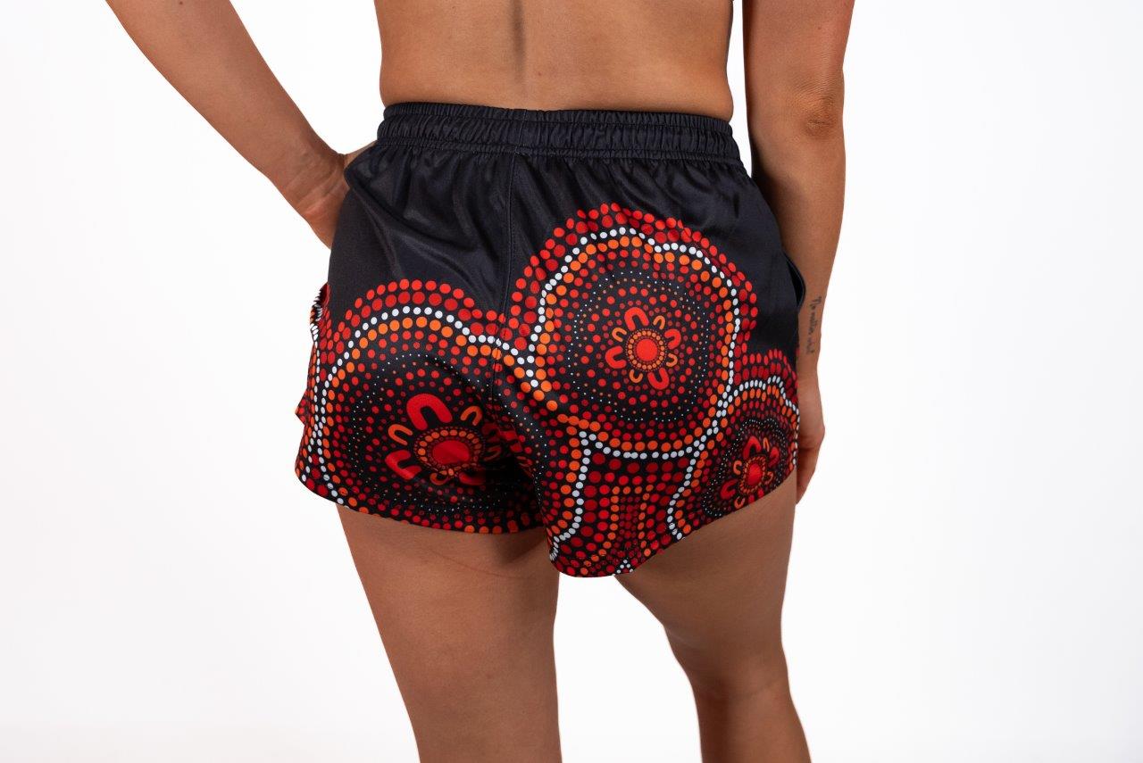 Indigenous Dot Art- Footy Shorts Black & Red (With Pockets)