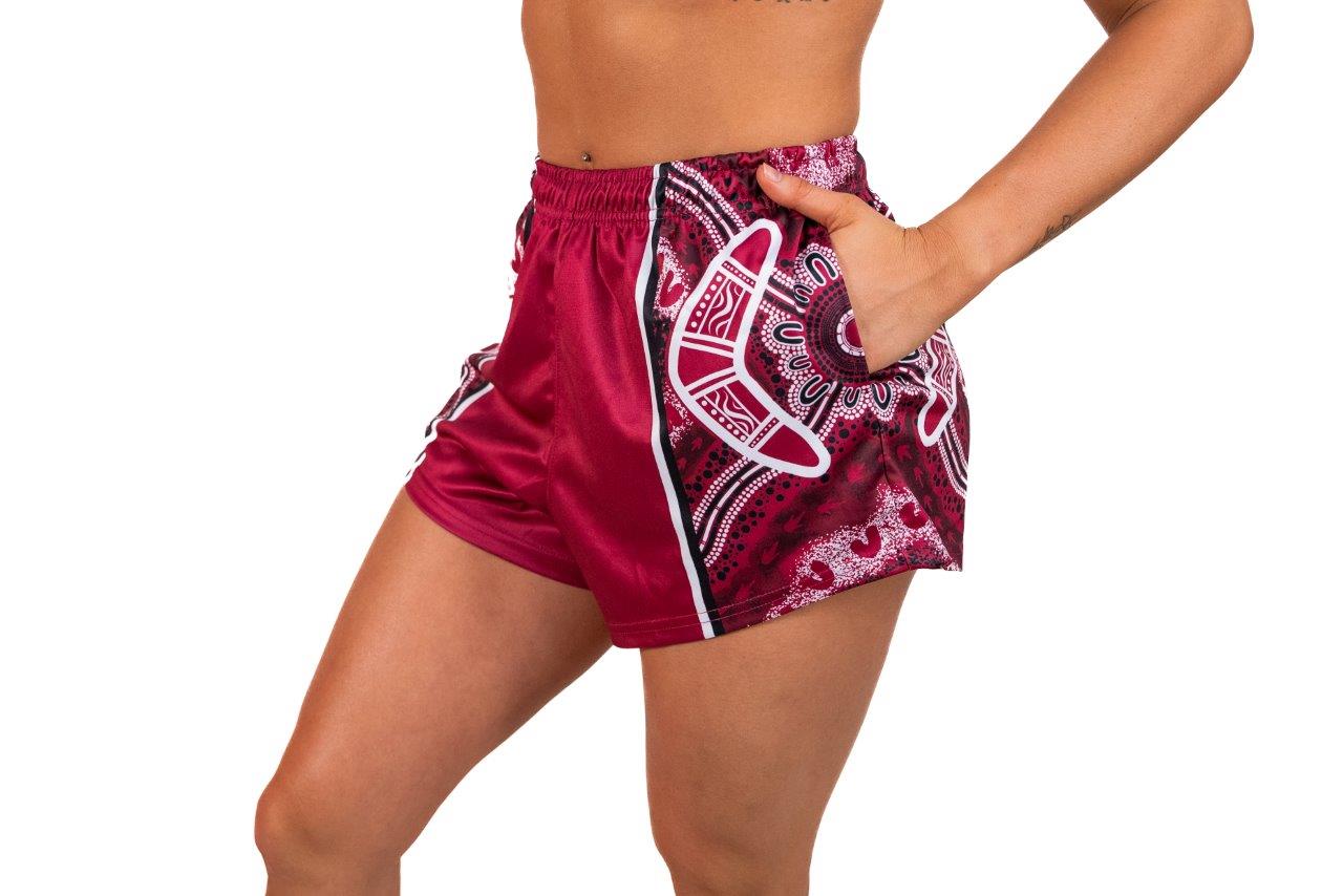 🔥NEW🔥 Maroon Boomerang Indigenous Dot Art- Footy Shorts  (With Pockets)