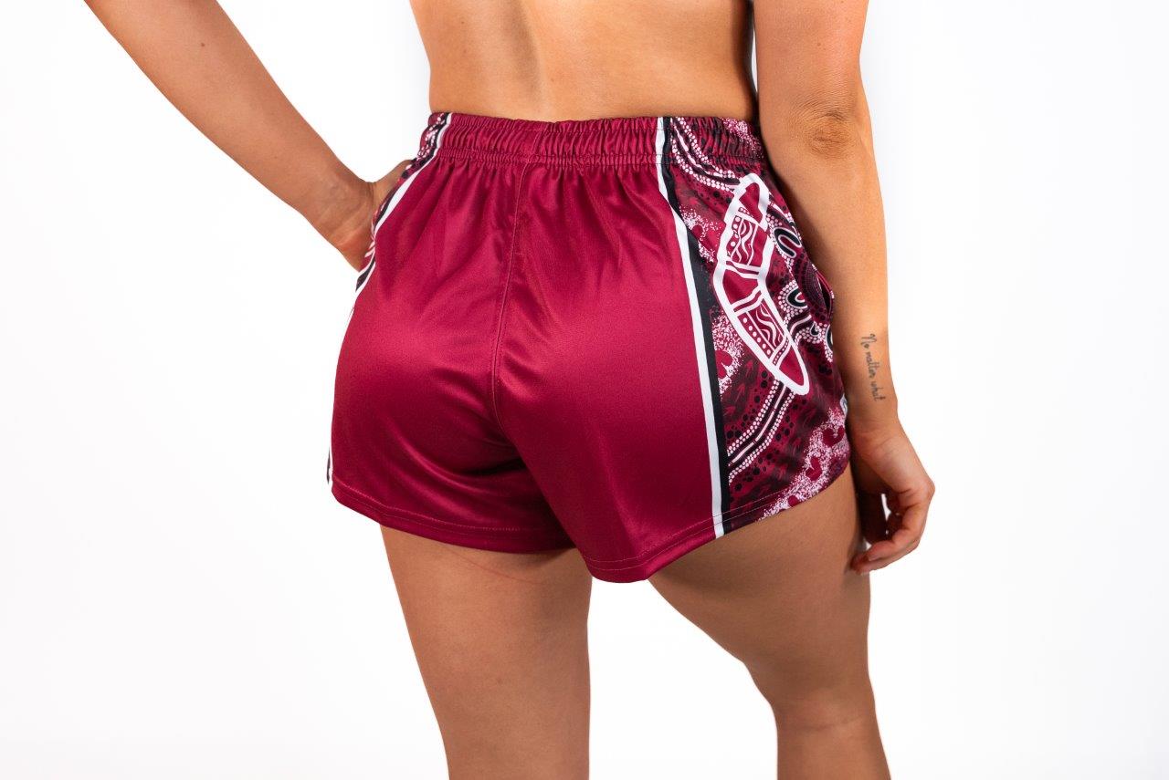 🔥NEW🔥 Maroon Boomerang Indigenous Dot Art- Footy Shorts  (With Pockets)