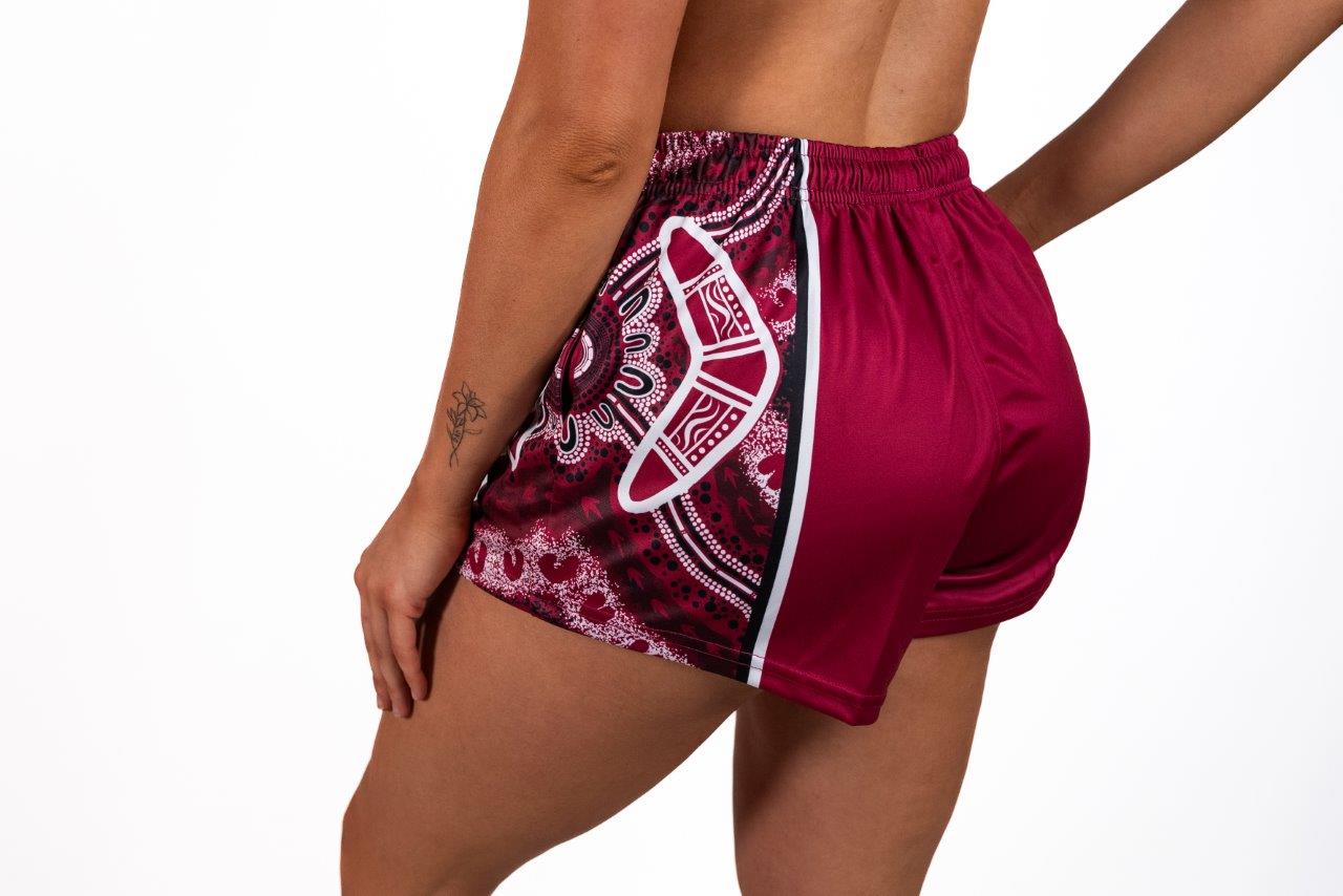 🔥NEW🔥 Maroon Boomerang Indigenous Dot Art- Footy Shorts  (With Pockets)