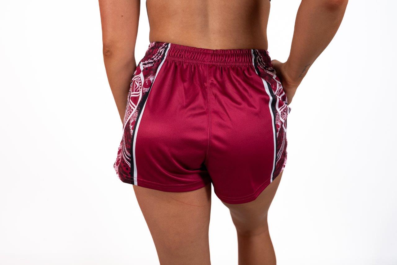 🔥NEW🔥 Maroon Boomerang Indigenous Dot Art- Footy Shorts  (With Pockets)