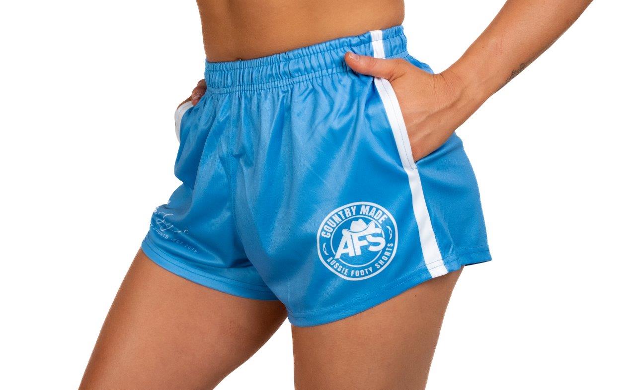 Country Made- Light Blue and White Footy Shorts (With Pockets)