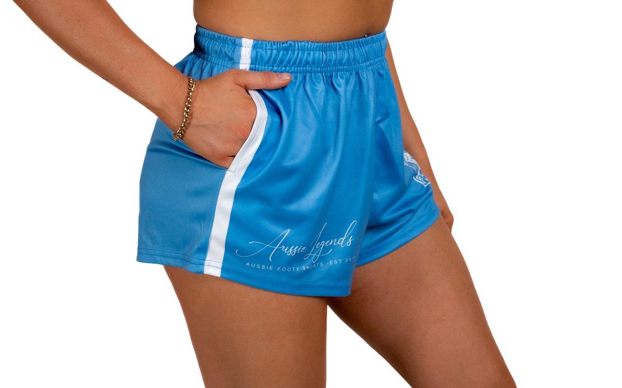 Country Made- Light Blue and White Footy Shorts (With Pockets)