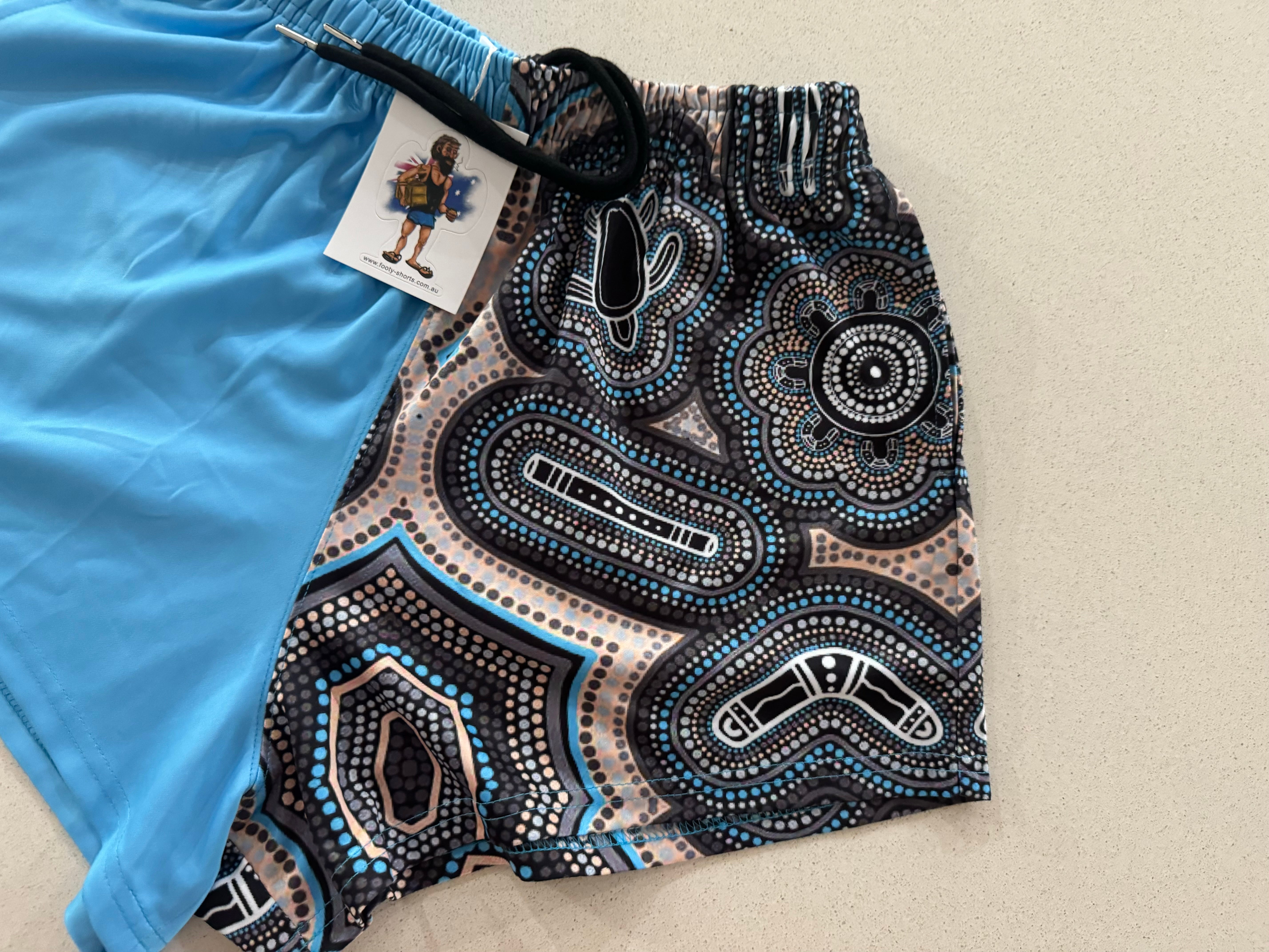 🔥NEW🔥 Indigenous Dot Art- Footy Shorts Light Blue (With Pockets)