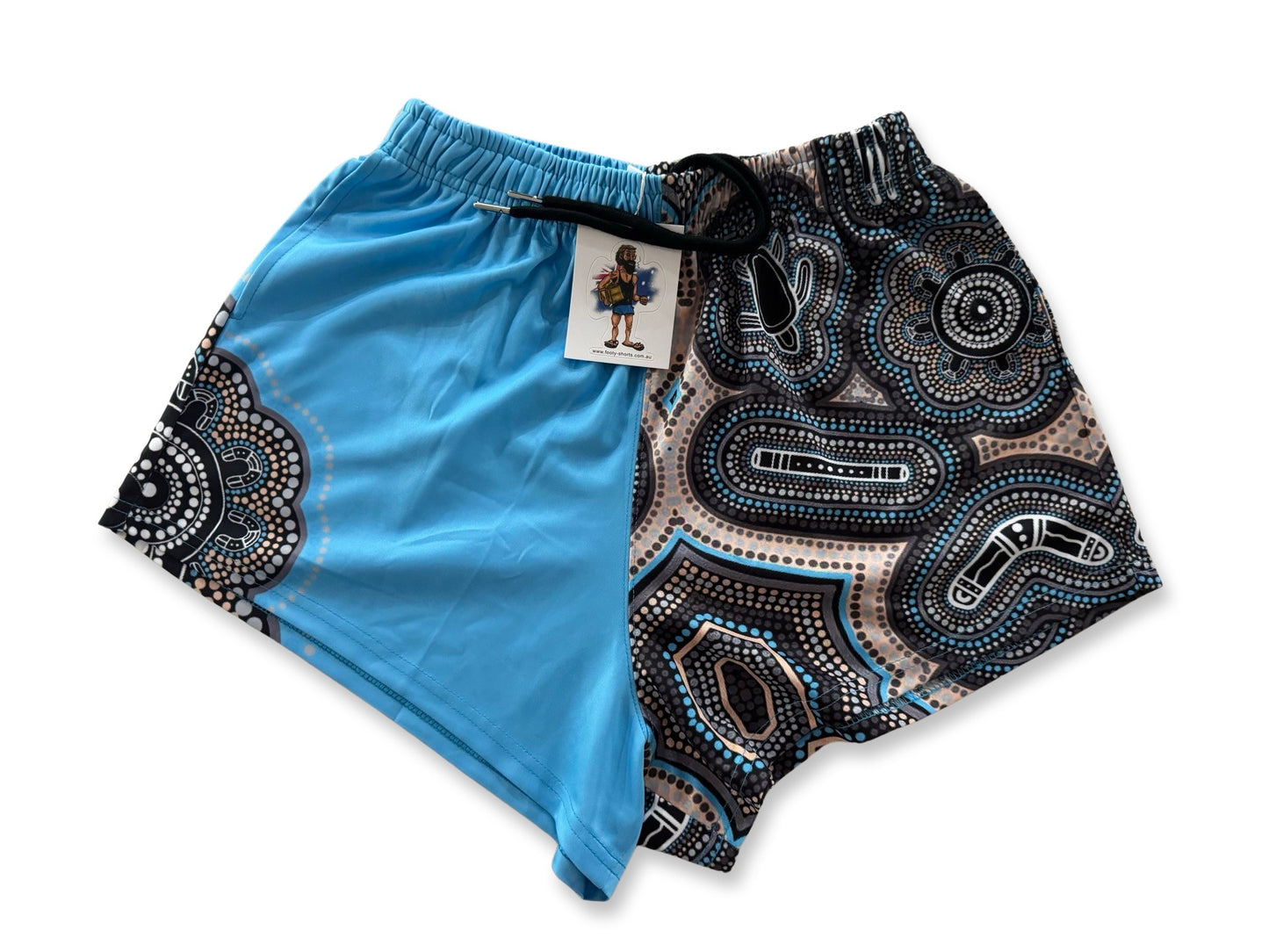 🔥NEW🔥 Indigenous Dot Art- Footy Shorts Light Blue (With Pockets)