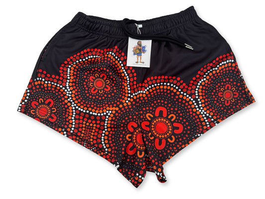 Indigenous Dot Art- Footy Shorts Black & Red (With Pockets)