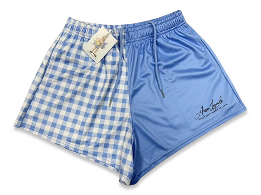 Blue & White Chequered - Footy Shorts (With Pockets) Gingham